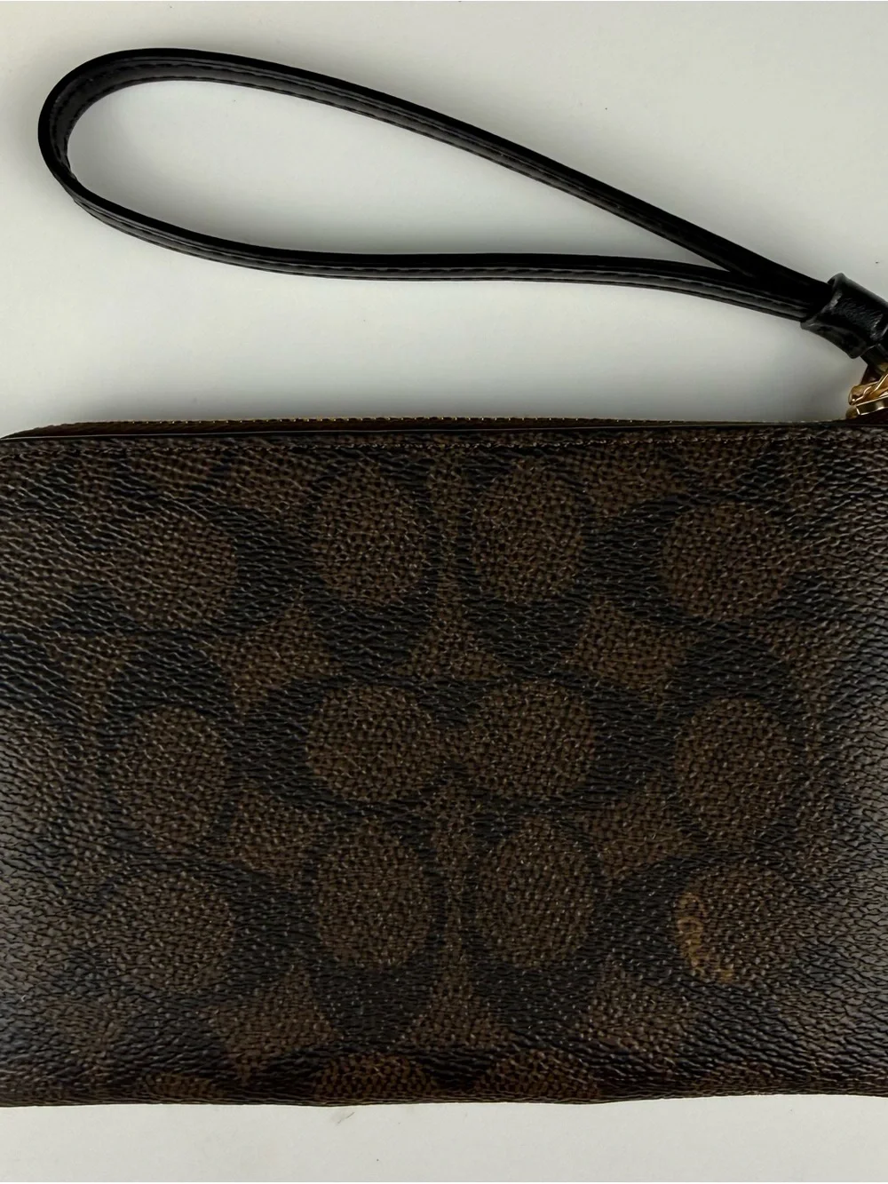 COACH Corner Zip Coach Wristlet Bag Brown Leather Signature Print New In Box